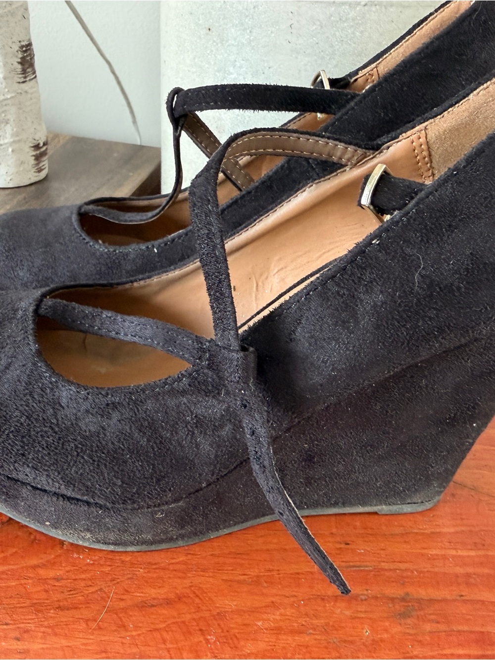 Black Suede Wedge Mary Jane Shoes with Ankle Straps